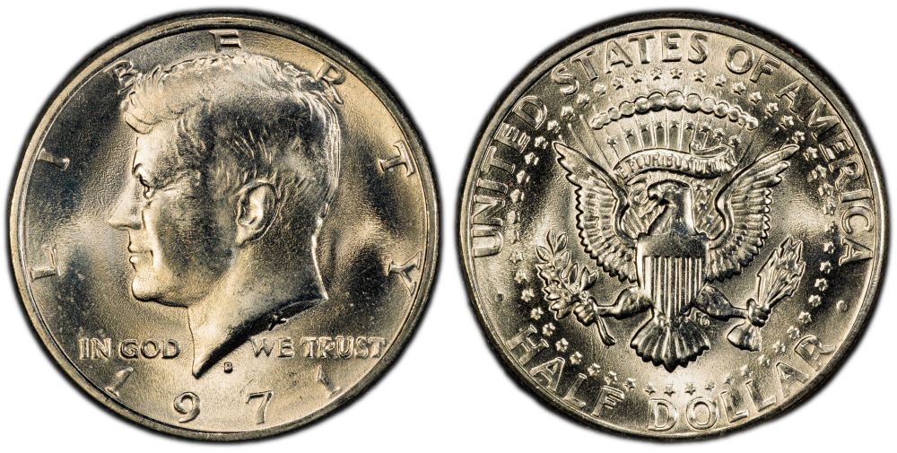 1971-D Kennedy Half Dollar silver planchet transitional error — solid gray edge with no copper stripe, the primary diagnostic for this $13,000 error variety