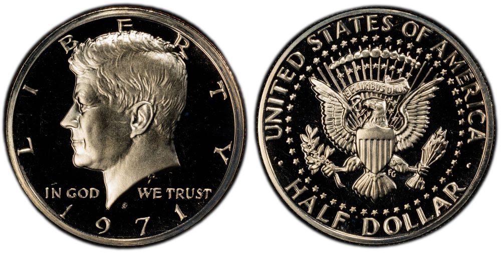 1971-S Kennedy Half Dollar proof Deep Cameo showing heavily frosted JFK portrait against deeply mirrored black fields — a top-grade designation worth up to $12,000