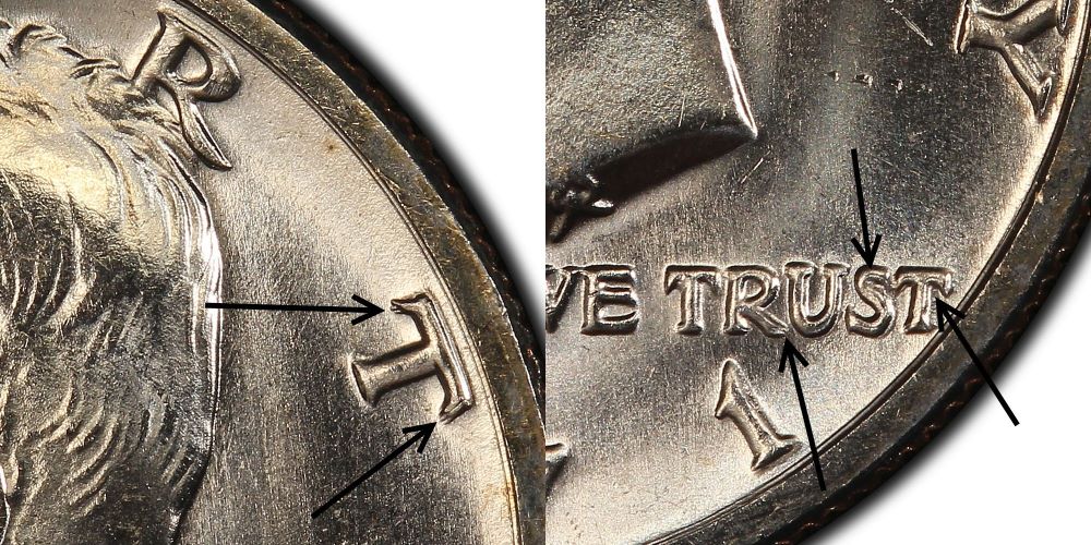 1971-D Kennedy Half Dollar DDO FS-101 doubled die obverse under 10x magnification showing rounded, notched doubling on IN GOD WE TRUST lettering, especially U, S, and T in TRUST
