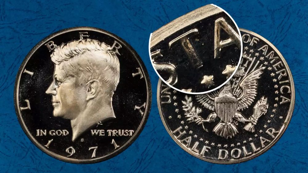 1971-S Kennedy Half Dollar proof DDR FS-801 doubled die reverse under magnification showing three-dimensional hub doubling on eagle design — sold for $2,585 in PR67