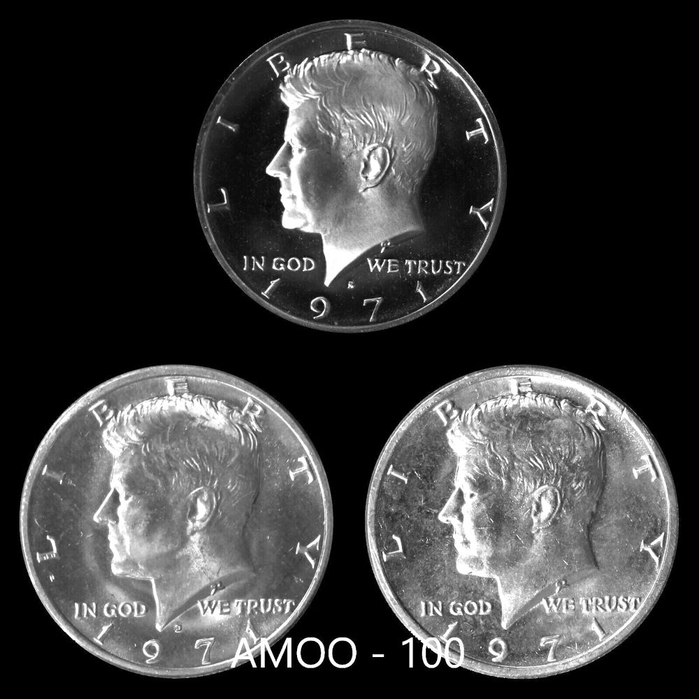 Three 1971 Kennedy Half Dollars showing all three mint issues: Philadelphia (no mint mark), Denver (D), and San Francisco proof (S) — representing all 1971 production