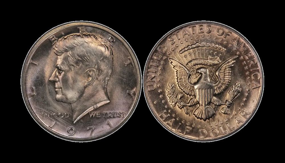 1971 Kennedy Half Dollar grading strip showing four condition levels: worn G, circulated AU, uncirculated MS63, and gem MS65 for comparison